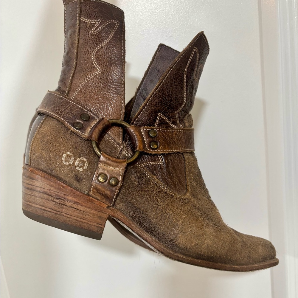 Bed Stu “Canada” Brown Suede & Leather Harness Western Style Ankle Boots - Picture 2 of 16